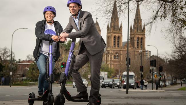 Beam Scooters no longer in Adelaide Nicole Ricciardi with Head of Operations (ANZ) Locky Cooper pictured on the King William street bridge PICTURE: Brad Fleet