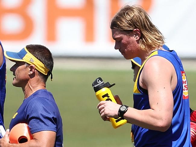 PERTH, AUSTRALIA - NOVEMBER 11: Harley Reid of the Eagles walks across the field following running drills during a West Coast Eagles AFL training session at Mineral Resources Park on November 11, 2024 in Perth, Australia. (Photo by Paul Kane/Getty Images)