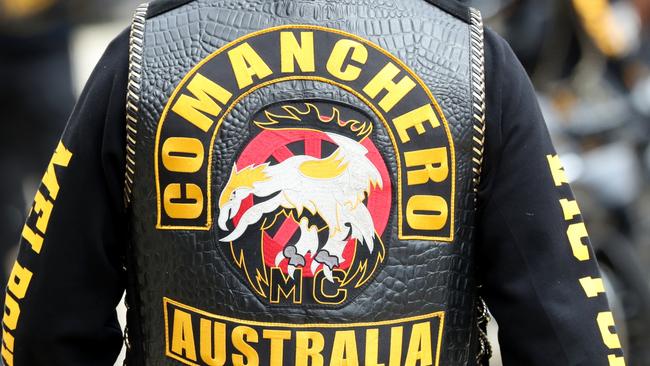 MELBOURNE, AUSTRALIA - NewsWire Photos, JANUARY 29, 2022.  Comanchero watched by police leave for their OMCG run between Hallam and Truganina. Saturday, January 29, 2021. Logo, Jacket, Generic. Picture: NCA NewsWire / David Crosling