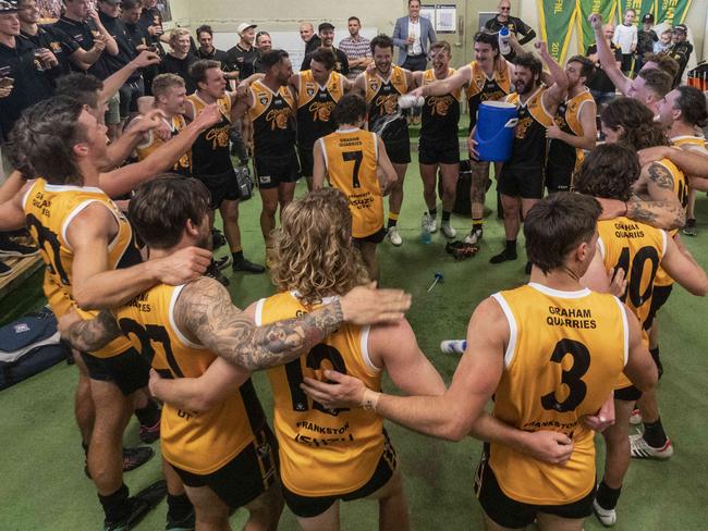 First-gamer Christian Tsiampas (No.7) in the middle of the Frankston YCW circle after its win on Saturday. Picture: Valeriu Campan