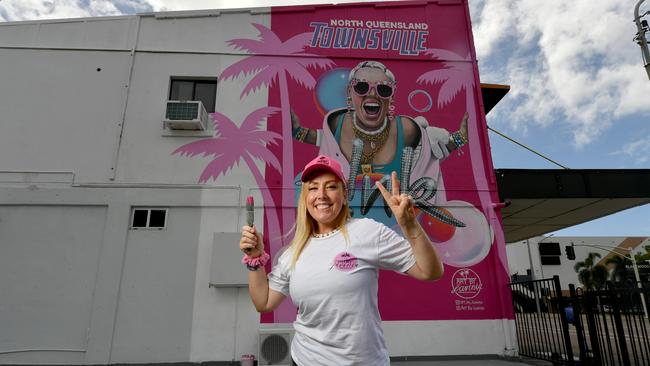 Artist Lavinia Letheby with her Pink mural in Sturt Street. Picture: Evan Morgan