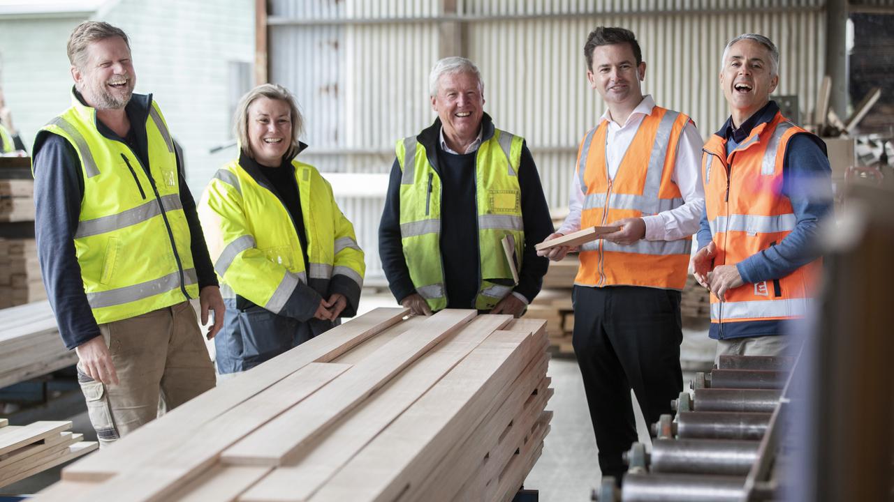 Torenius Timber owner Matt Torenius, Labor deputy leader Anita Dow, Prosser Labor candidate Bryan Green, Labor leader Dean Winter and Tasmanian Forest Products Association CEO Nick Steel at Torenius Timber, Forcett. Picture: Chris Kidd
