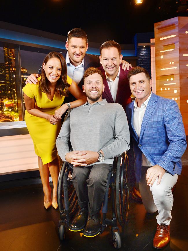 The cast of the new Channel 9 Footy Show: Neroli Meadows, Brendan Fevola, Anthony 'Lehmo' Lehmann, Dylan Alcott and Shane Crawford. Picture: Nicki Connolly