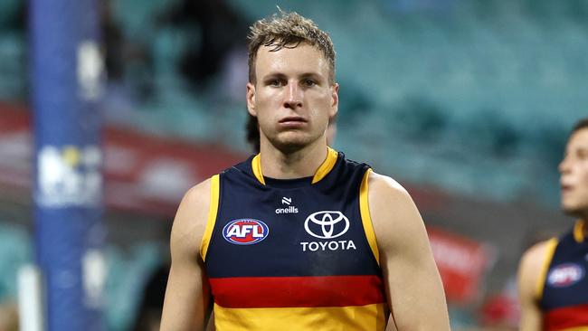 Adelaide's Jordan Dawson and Ben Keays leave the field during the AFL Round 24 match between the Sydney Swans and Adelaide Crows at the SCG on August 24, 2024.  Photo by Phil Hillyard(Image Supplied for Editorial Use only - **NO ON SALES** - Â©Phil Hillyard )