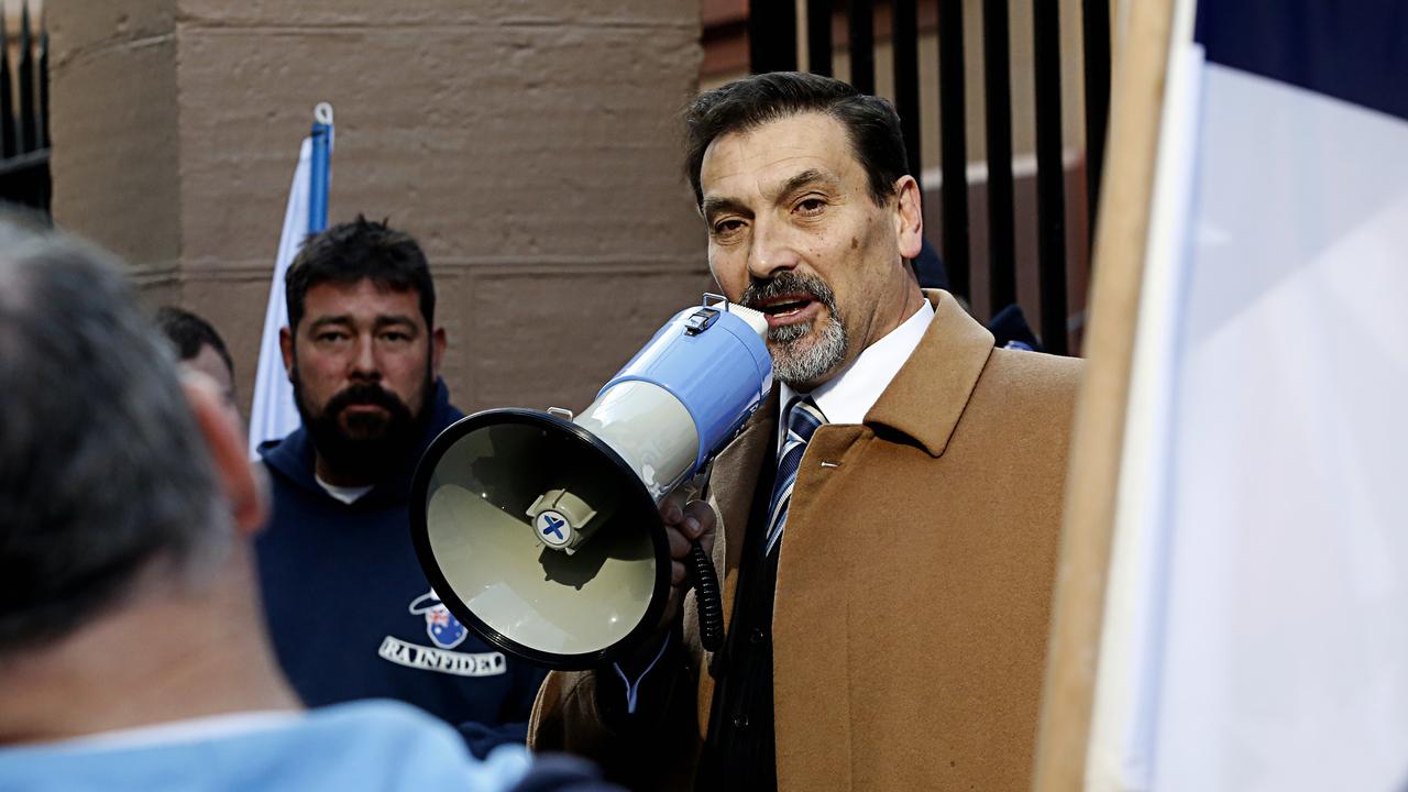 Riccardo Bosi delivering a speech to protesters during the True Blue Crew Aussie Pride March in Sydney in 2018. Picture: Danny Casey.