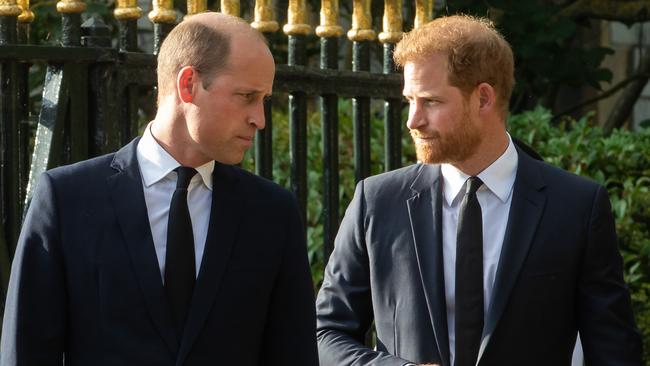 Prince William and Prince Harry arrive to view floral tributes to Queen Elizabeth II laid outside Cambridge Gate at Windsor Castle.