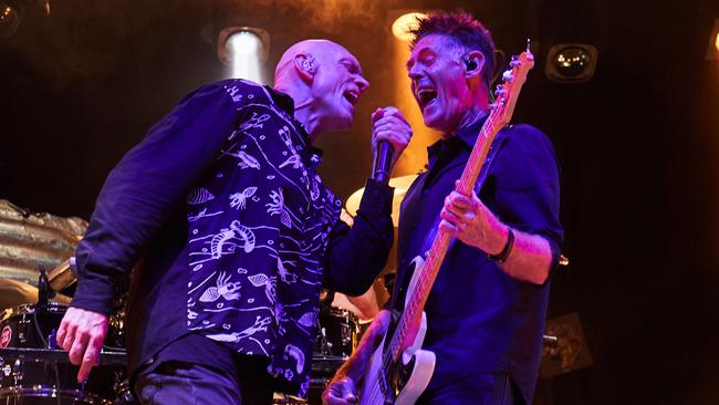 Peter Garrett and Bones Hillman of Midnight Oil performing in Adelaide in October 2017. Picture: Matt Loxton/AAP