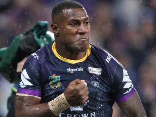 Suliasi Vunivaluin celebrates scoring a try during the Round 20 NRL match between the Melbourne Storm and the Canberra Raiders at AAMI Park in Melbourne, Saturday, July 28, 2018. (AAP Image/David Crosling) NO ARCHIVING, EDITORIAL USE ONLY