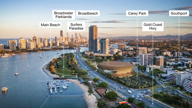 An early artist’s impression of how the proposed Gold Coast Arena might look at the existing Carey Park site. Picture: Gold Coast City Council.