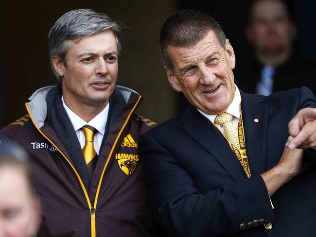 Hawthorn President Andrew Newbold and past President Jeff Kennett before the 1st quarter of the Hawthorn vs Western Bulldogs match at Aurora Stadium, Launceston. Saturday July 20, 2013.