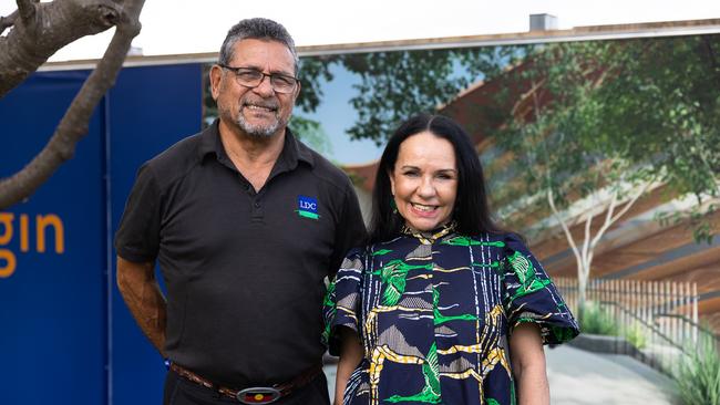 Larrakia Development Corporation chair Mark Motlop and Indigenous Australians Minister Linda Burney at the Larrakia Cultural Centre construction site. Picture: Supplied