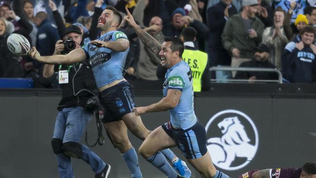 James Tedesco celebrates scoring the winning try for NSW. Picture: AAP