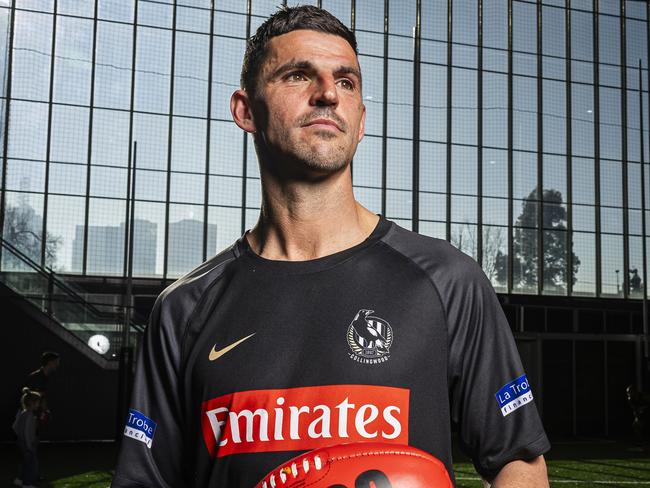 MELBOURNE, AUSTRALIA - JULY 31: Scott Pendlebury of the Magpies poses for a photograph during a media opportunity at AIA Centre on July 31, 2024 in Melbourne, Australia. Scott Pendlebury is due to play his 400th AFL game this Saturday night. (Photo by Daniel Pockett/Getty Images)