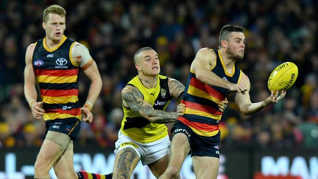 Brad Crouch has been huge for the Crows in his comeback from injury, as has ruck revelation Reilly O’Brien covering for and then taking the spot of Sam Jacobs. Picture: AAP Image/Sam Wundke