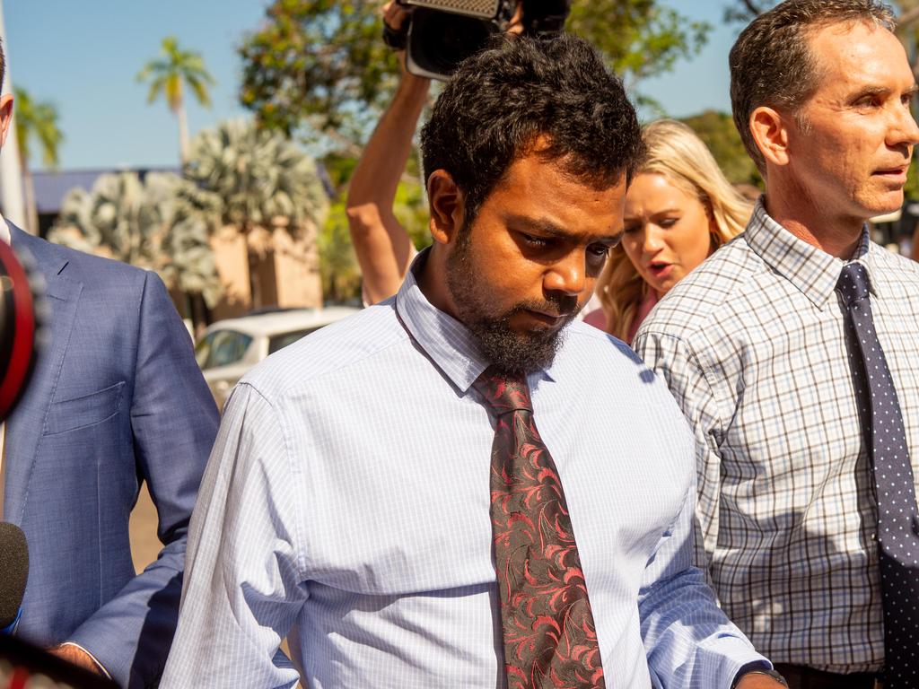 Footballer Willie Rioli leaves Darwin Local Court after allegedly being caught with cannabis while flying from Darwin to the Tiwi Islands. Picture: Che Chorley