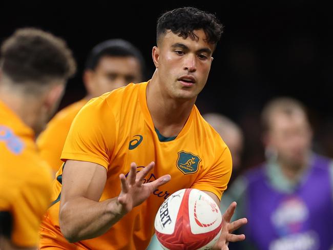 CARDIFF, WALES - NOVEMBER 17: Joseph-Aukoso Suaalii of Australia during the players warm up ahead of the Autumn Nations Series 2024 match between Wales and Australia at Principality Stadium on November 17, 2024 in Cardiff, Wales. (Photo by Michael Steele/Getty Images)