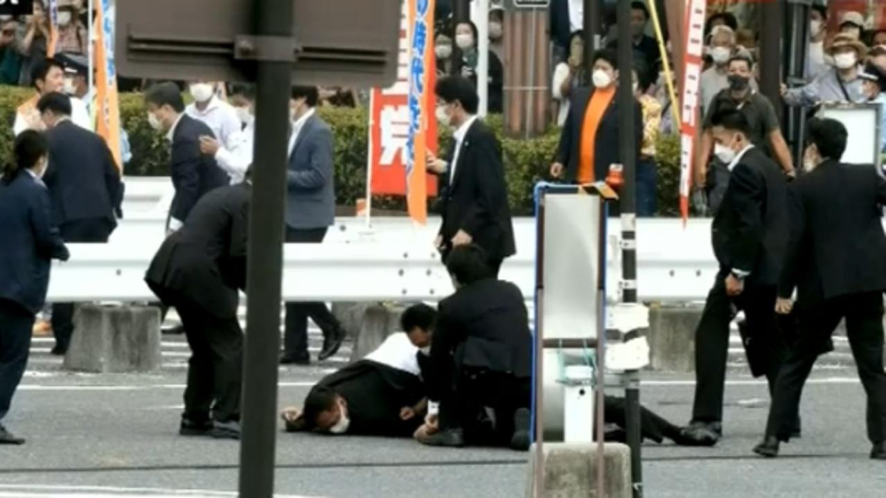 Shinzo Abe was shot in Nara, Japan, on Friday, with a man arrested for attempted murder. Picture: NHK News/ABC News