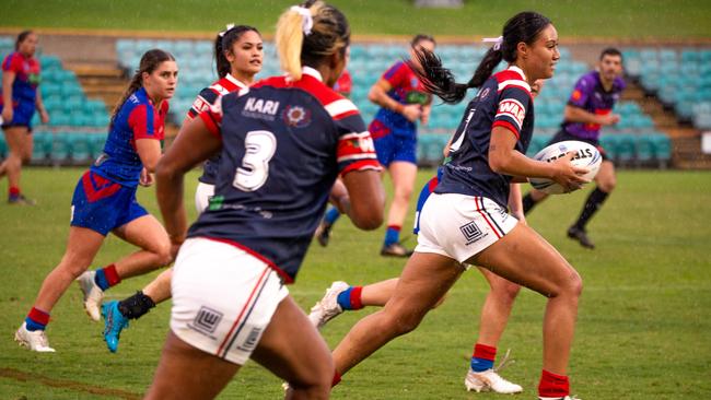 Skyla Adams for the Roosters. Picture: Thomas Lisson.