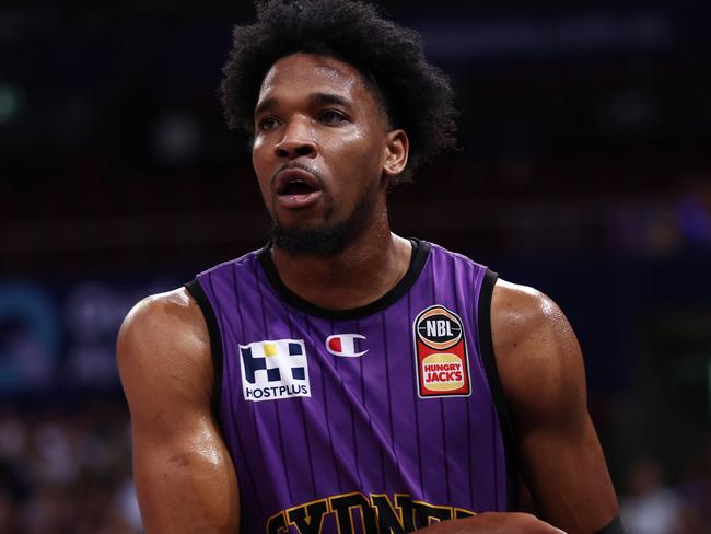 SYDNEY, AUSTRALIA - MARCH 03:  Justin Simon of the Kings reacts after a basket during game one of the NBL Grand Final series between Sydney Kings and New Zealand Breakers at Qudos Bank Arena, on March 03, 2023, in Sydney, Australia. (Photo by Matt King/Getty Images)