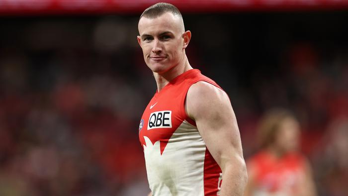 SYDNEY, AUSTRALIA - JUNE 22: Chad Warner of the Swans celebrates kicking a goal during the round 15 AFL match between Greater Western Sydney Giants and Sydney Swans at ENGIE Stadium, on June 22, 2024, in Sydney, Australia. (Photo by Cameron Spencer/Getty Images)