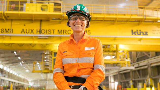 BHP Olympic Dam Asset President Jennifer Purdie with the new Olympic Dam crane in the background. Picture: Supplied..