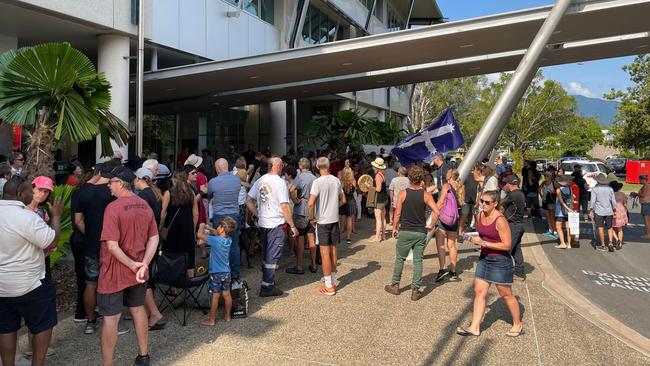 Anti-vaccine mandate protesters gather at the Cairns Regional Council meeting. Picture: Chris Calcino