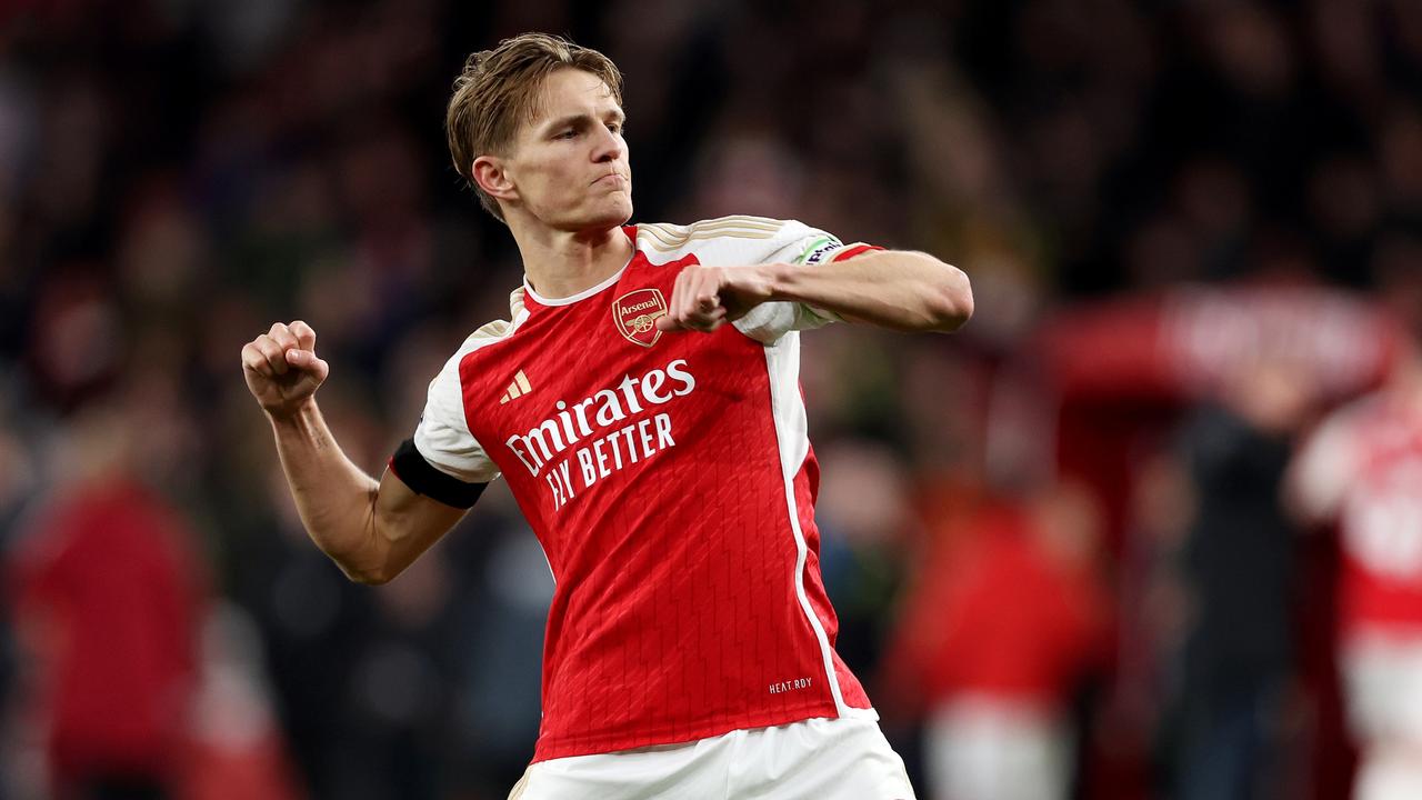 LONDON, ENGLAND – APRIL 23: Martin Odegaard of Arsenal celebrates after the team's victory during the Premier League match between Arsenal FC and Chelsea FC at Emirates Stadium on April 23, 2024 in London, England. (Photo by Julian Finney/Getty Images)