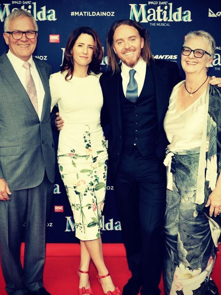 Tim Minchin with his mum, dad and wife in Melbourne.