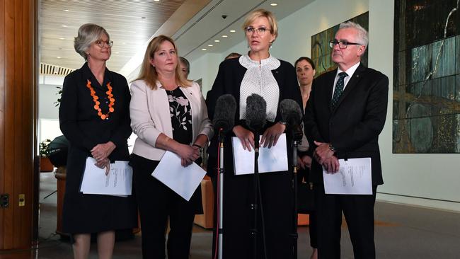 Helen Haines, Rebekha Sharkie, Zali Steggall and Andrew Wilkie at a press conference at Parliament House in Canberra in 2020. Picture: AAP