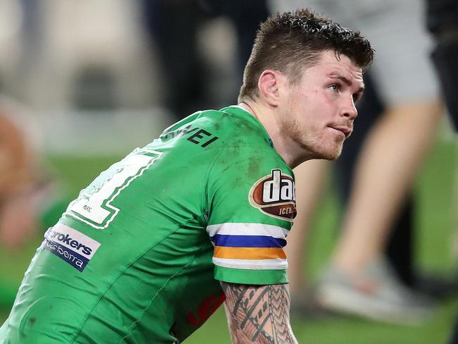 Canberra Raiders players John Bateman dejected after losing to the Sydney Roosters in the 2019 NRL Grand Final at ANZ Stadium. Picture. Phil Hillyard