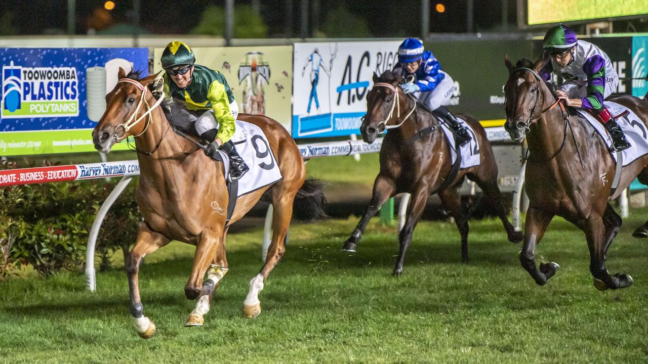 Yellow Brick ridden by Ben Thompson wins the inaugural King of the Mountain at Clifford Park racecourse. Picture: Nev Madsen.