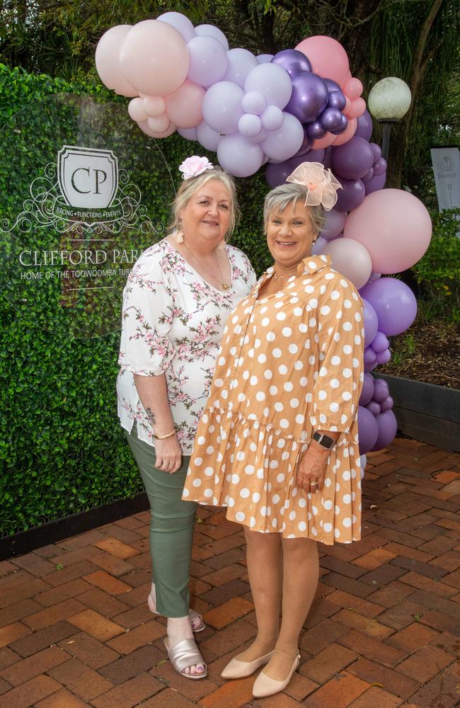 (From left) Tina Richards and Robyn Saal. Weetwood Raceday at Toowoomba Turf Club. Saturday, September 28, 2024. Picture: Nev Madsen.