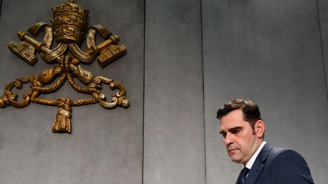 Interim Director of the Holy See Press Office, Alessandro Gisotti, arrives to read a statement about the conviction of Australian Cardinal George Pell. Picture: Alberto Pizzoli/AFP