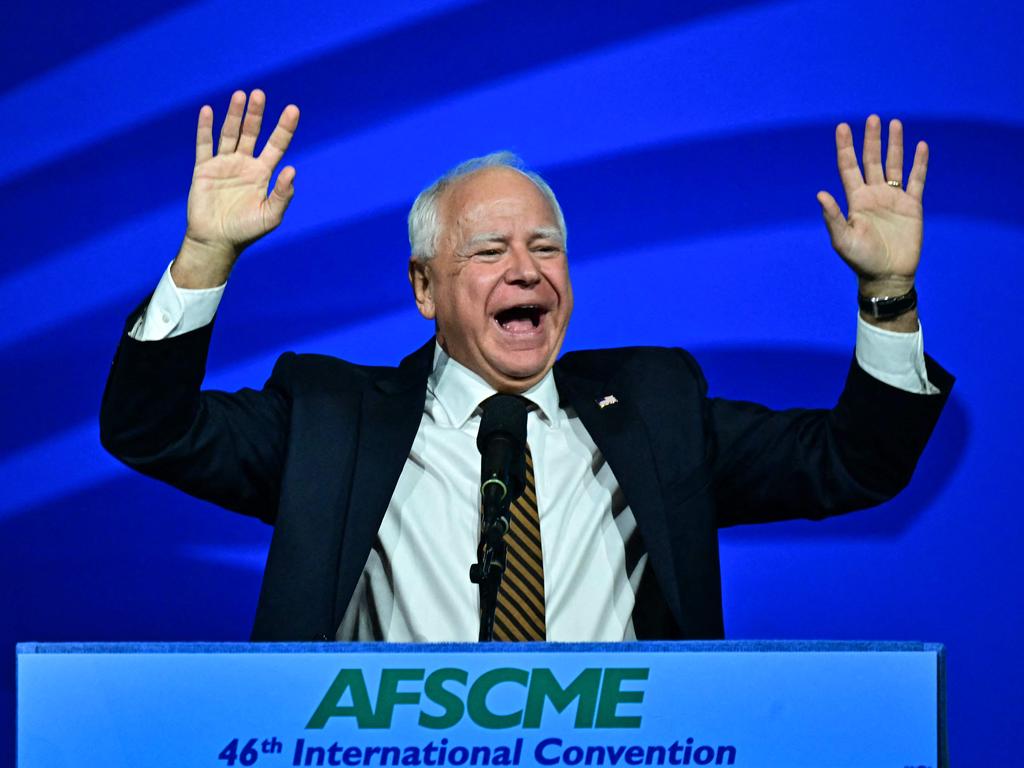 Minnesota Governor and Democratic vice presidential candidate Tim Walz speaks at the AFSCME Convention at the Los Angeles Convention Center. Picture: AFP