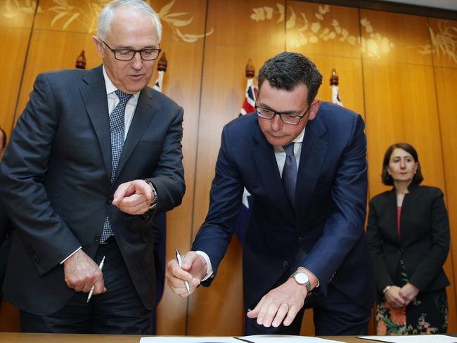 Prime Minister Malcolm Turnbull with Victorian Premier Daniel Andrews and NSW Premier Gladys Berejiklian at COAG. Picture: Gary Ramage