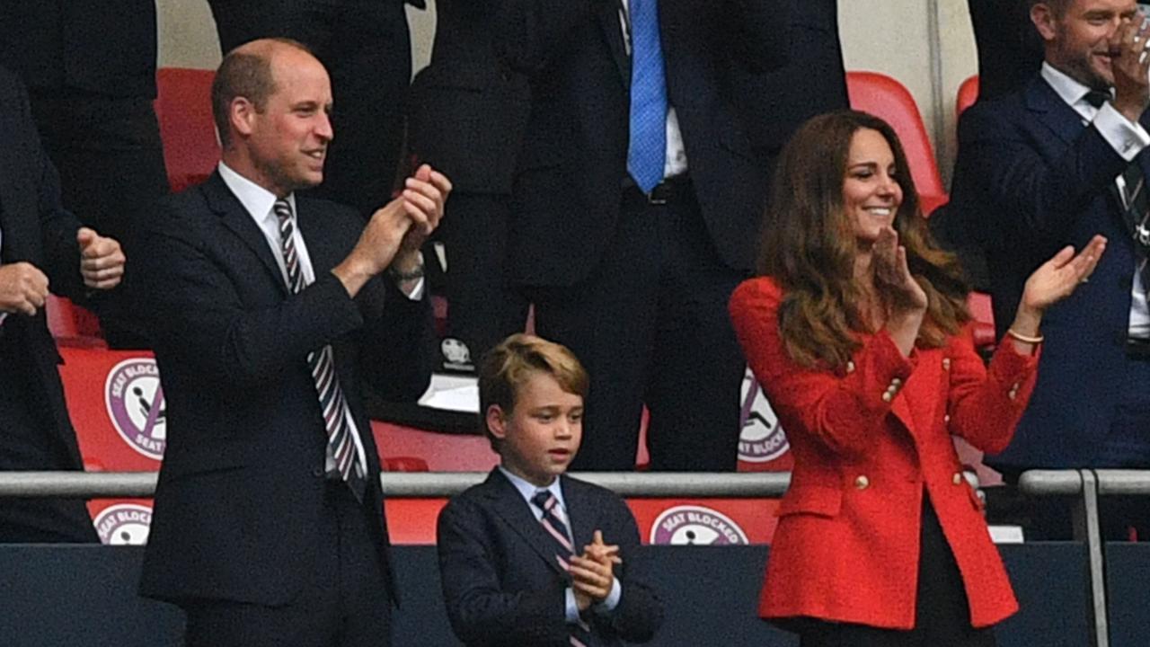 Prince William, Duke of Cambridge, Prince George of Cambridge, and Catherine, Duchess of Cambridge, celebrate the first goal in the UEFA EURO 2020. Picture: JUSTIN TALLIS / POOL / AFP.