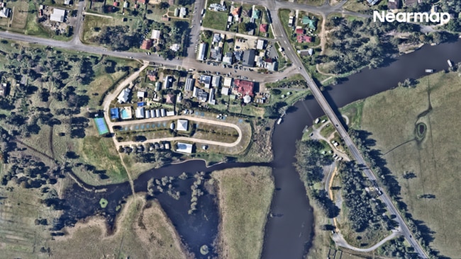 A central road in Bulahdelah flooded, making the town impassable. Picture: Nearmap