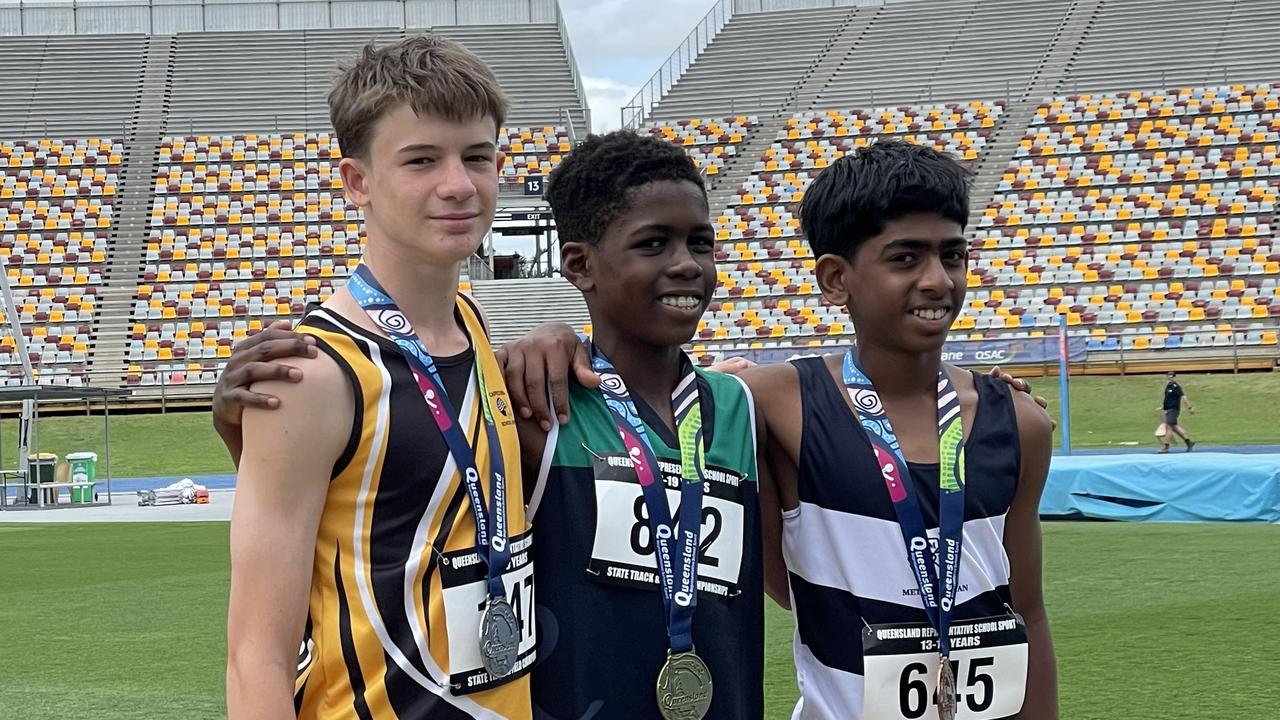 Dal Ekeocha, middle, with Rockhampton's Finn Wyatt, left, and Met East's Harsith Rameshkumar.