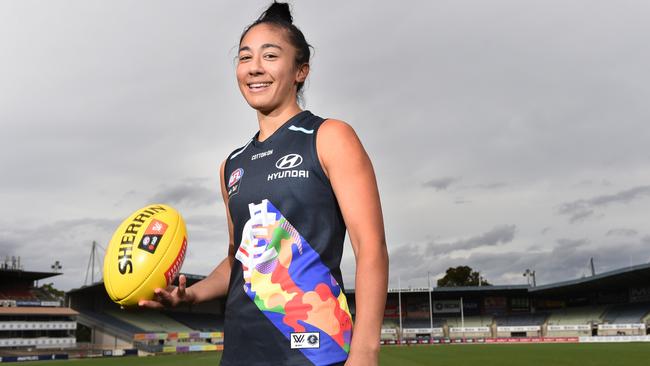 Darcy Vescio shows off Carlton’s Pride Game jumper. Picture: Tony Gough 