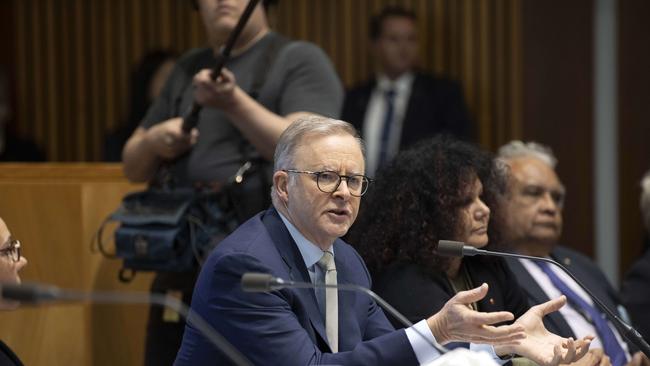 Prime Minister Anthony Albanese at a meeting on the next steps to a referendum to enshrine an Aboriginal and Torres Strait Islander Voice in the Constitution. Picture: NCA NewsWire / Gary Ramage