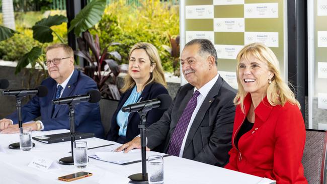 John Coates, Annastacia Palaszczuk and Andrew Liveris at the announcement of Cindy Hook’s appointment as the CEO of the Brisbane 2032 Olympic and Paralympic Games in December. Picture: Richard Walker