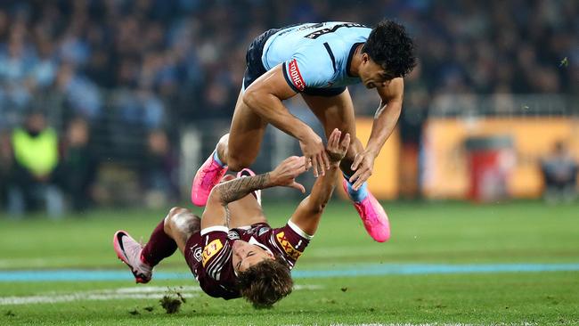 Joseph-Aukuso Sua'ali'i of NSW knocks Queensland star Reece Walsh out cold before being sensationally sent off in the opening minutes of Origin 1. Picture: NRL Photos/Brett Costello