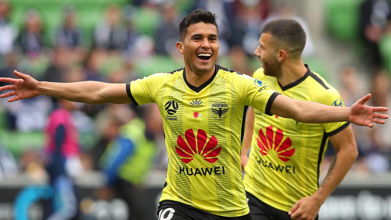 Ulises Davila celebrates after scoring a penalty against Melbourne Victory. Picture: Getty Images