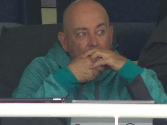 Darren Lehmann reacts as Australian player Cameron Bancroft is questioned by umpires for ball tampering during the third test against South Africa in Cape Town.