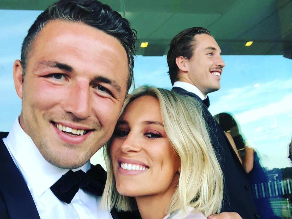 Sam Burgess and his wife Phobe at the wedding of Damien Cook and Courtney Blaine in December.