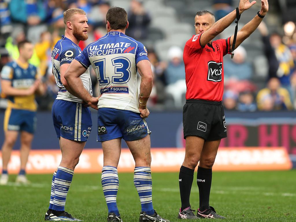 Luke Thompson of the Bulldogs is sent to the sin bin during round 15.