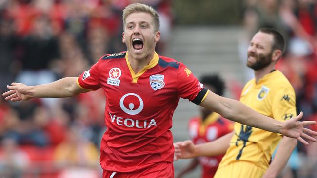 Stefan Mauk celebrates after goaling against the Central Coast Mariners at Hindmarsh Stadium. Mauk has been signed by a top-division Dutch club. Picture: Stephen Laffer