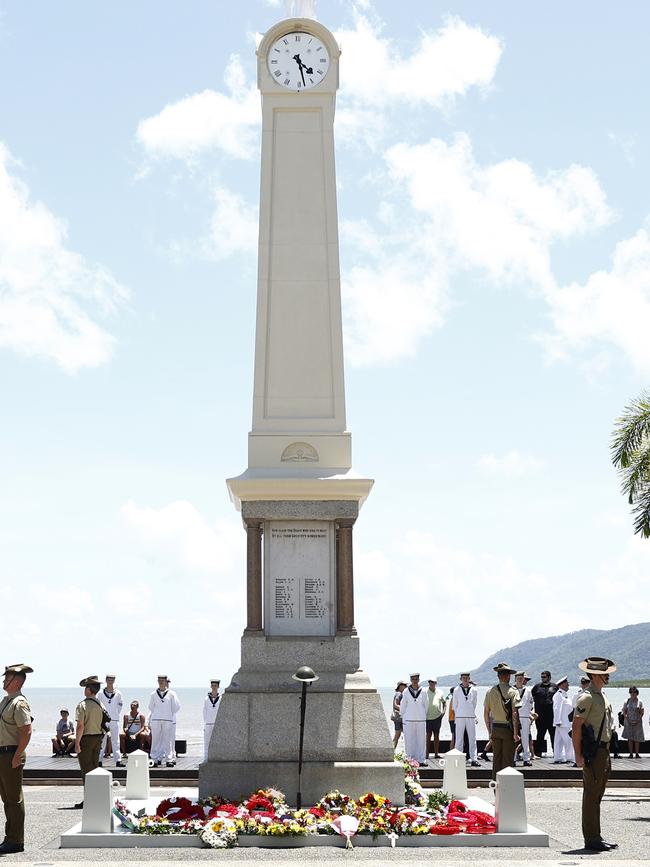 The 51st Battalion catafalque party guard the Cairns cenotaph during the Cairns RSL's 2023 Remembrance Day service on the Cairns Esplanade. Picture: Brendan Radke