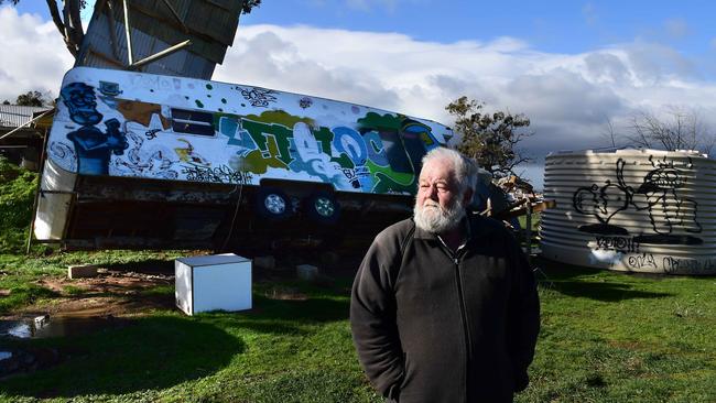 Mark Castine was trapped in his caravan when it was blown over by the high winds. Picture: Campbell Brodie.