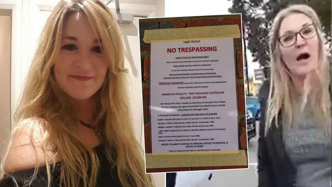 Kerry Nash, left, was outed by her former employer as the anti-mask wearer dubbed 'Karen from Bunnings', right. Today, a warning against trespassers appeared on her front door. Pictures: Supplied/ Wayne Taylor/ Supplied